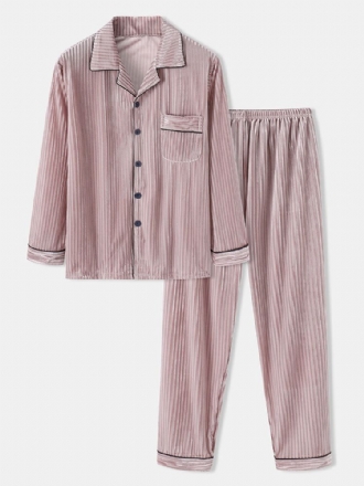 Herr Coral Fleece Lapel Button Up Långärmad Lösbyxa Tvådelad Home Warm Pyjamas Set