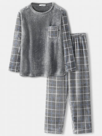 Herr Flanell Pläd Patchwork Pullover Warm Thicken Loose Pants Home Comfy Pyjamas Set