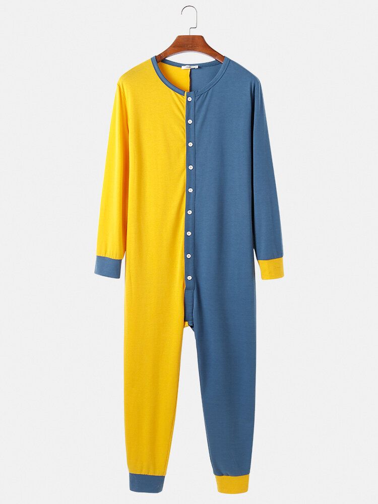 Herr Kontrastfärg Patchwork Knäppning Jumpsuit Med Rund Hals Hem Comfy Lounge Pyjamas I Ett Stycke