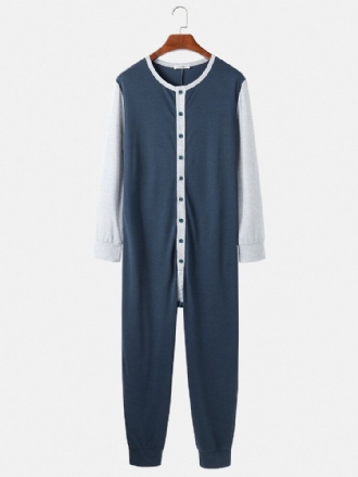 Herr Patchwork Colorblock Rund Hals Knäppning Långärmad Bekväm Home Jumpsuit Pyjamas