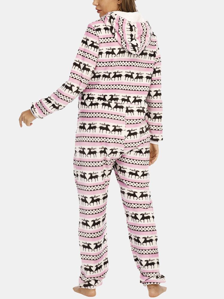 Jul Kvinnor Flanell Älg Grafik Pocket Hooded Jumpsuits Mysigt Varma Sovkläder