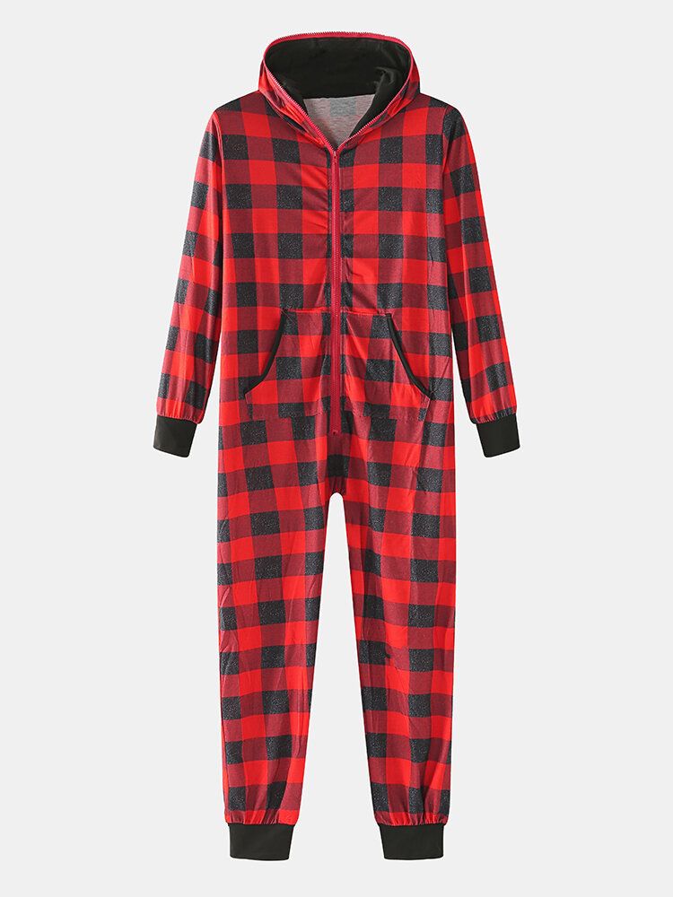 Klassiskt Plädtryck För Män Långärmad Framficka Med Dragkedja Hooded Jumpsuit Home Pyjamas I Ett Stycke