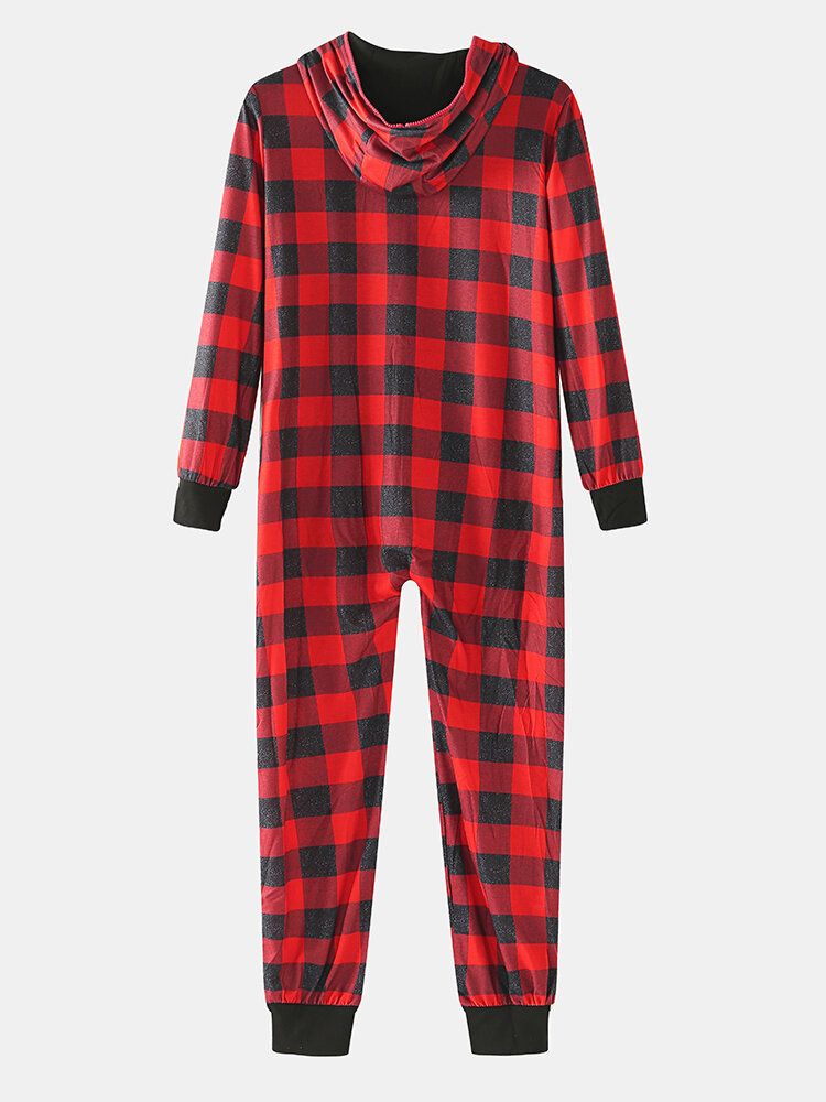 Klassiskt Plädtryck För Män Långärmad Framficka Med Dragkedja Hooded Jumpsuit Home Pyjamas I Ett Stycke