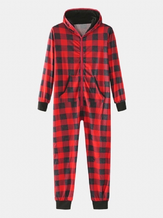 Klassiskt Plädtryck För Män Långärmad Framficka Med Dragkedja Hooded Jumpsuit Home Pyjamas I Ett Stycke