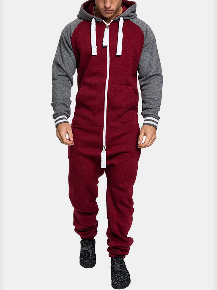 Kontrastfärgad Dragkedja För Män Långa Raglanärmar Hooded Overall Sleepwear Jumpsuit