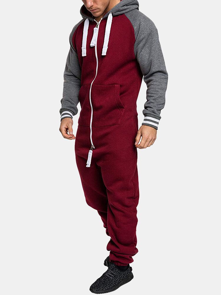 Kontrastfärgad Dragkedja För Män Långa Raglanärmar Hooded Overall Sleepwear Jumpsuit