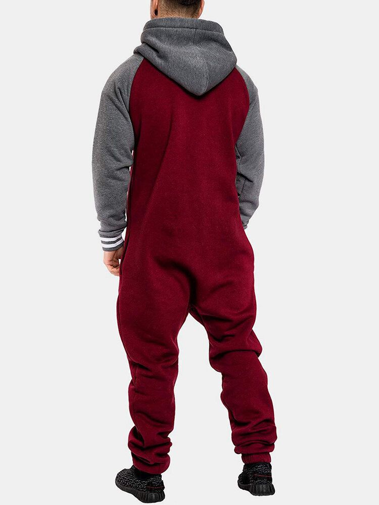 Kontrastfärgad Dragkedja För Män Långa Raglanärmar Hooded Overall Sleepwear Jumpsuit