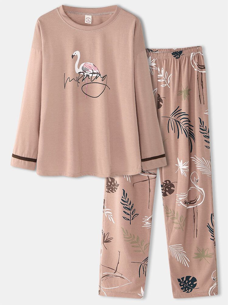 Kvinnor Crane Leaves Print O-neck Bomull Långärmad Plus Size Lounge Home Pyjamasset