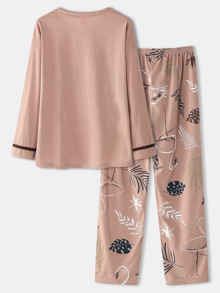 Kvinnor Crane Leaves Print O-neck Bomull Långärmad Plus Size Lounge Home Pyjamasset