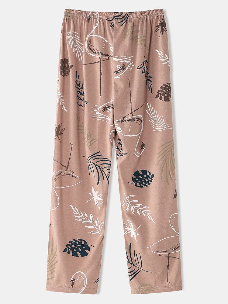 Kvinnor Crane Leaves Print O-neck Bomull Långärmad Plus Size Lounge Home Pyjamasset