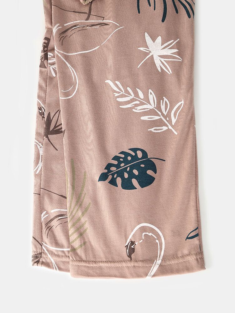 Kvinnor Crane Leaves Print O-neck Bomull Långärmad Plus Size Lounge Home Pyjamasset