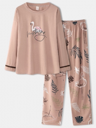 Kvinnor Crane Leaves Print O-neck Bomull Långärmad Plus Size Lounge Home Pyjamasset