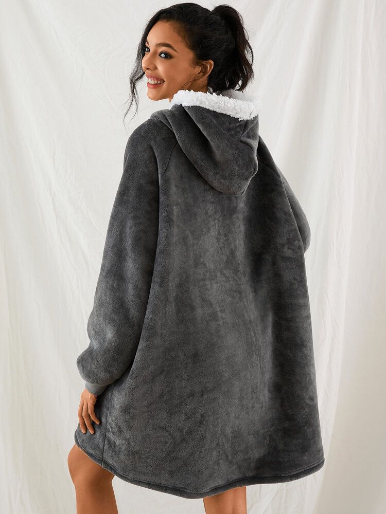 Kvinnor Dragkedja Känguruficka Plysch Oversized Filt Luvtröja Warm Thicken Sleepwear Robes