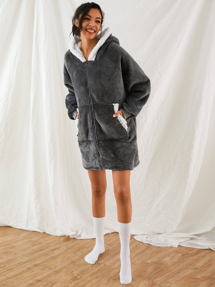 Kvinnor Dragkedja Känguruficka Plysch Oversized Filt Luvtröja Warm Thicken Sleepwear Robes