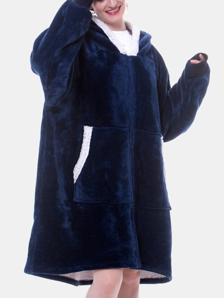 Kvinnor Dragkedja Känguruficka Plysch Oversized Filt Luvtröja Warm Thicken Sleepwear Robes