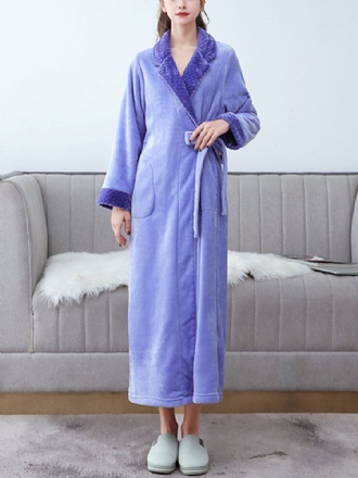 Kvinnor Flanell Långärmade Skärp Hem Casual Robes Med Ficka