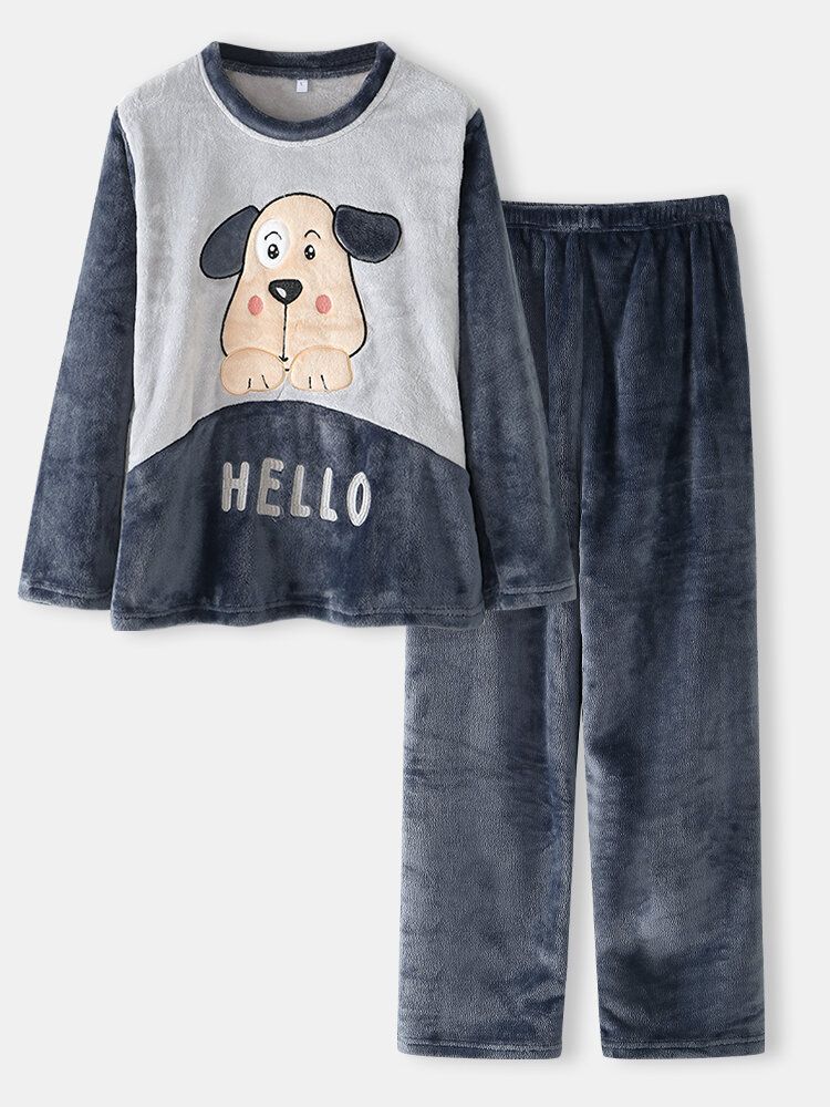 Kvinnor Hello Cartoon Dog Patent Sidoficka Topp Plysch Hem Casual Pyjamas Set