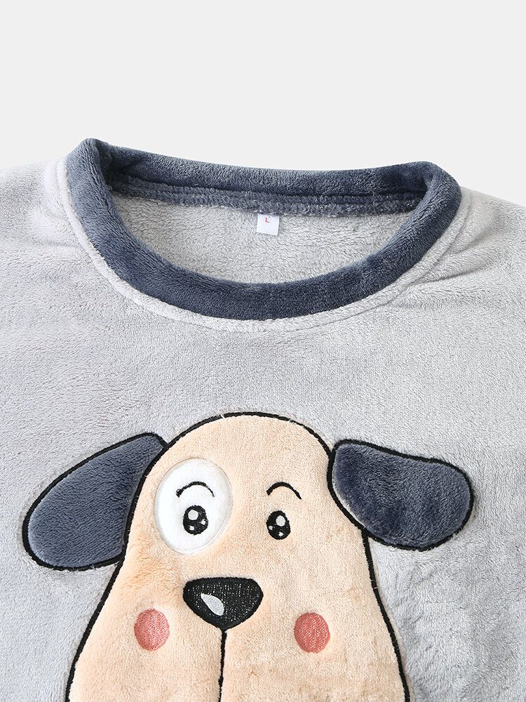 Kvinnor Hello Cartoon Dog Patent Sidoficka Topp Plysch Hem Casual Pyjamas Set