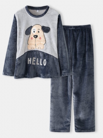 Kvinnor Hello Cartoon Dog Patent Sidoficka Topp Plysch Hem Casual Pyjamas Set