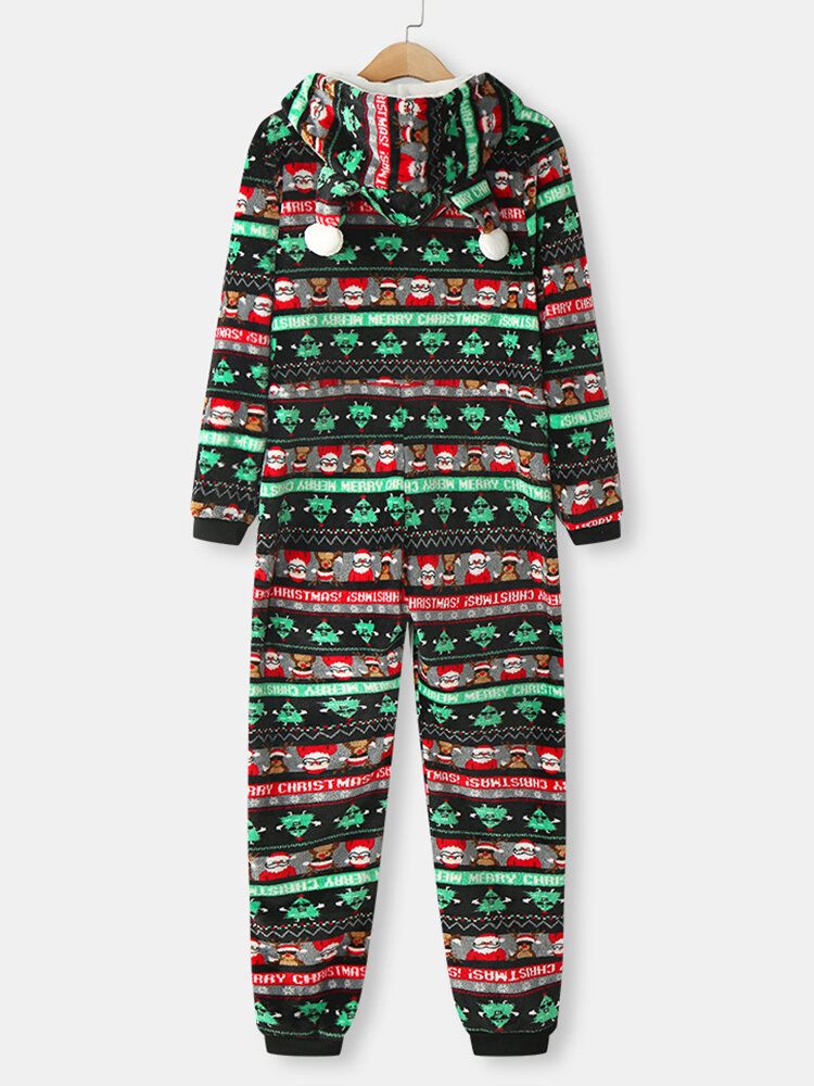 Kvinnor Jul Flanelltryckt Dragkedja Örondetaljer Långärmad Onesies Huvpyjamas