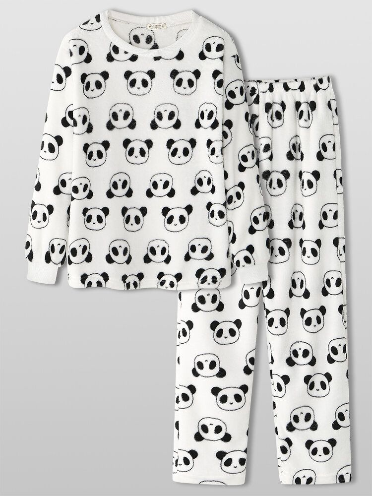 Kvinnor Överallt Tecknad Panda Långärmad Plysch Varm Hem Pyjamas Set