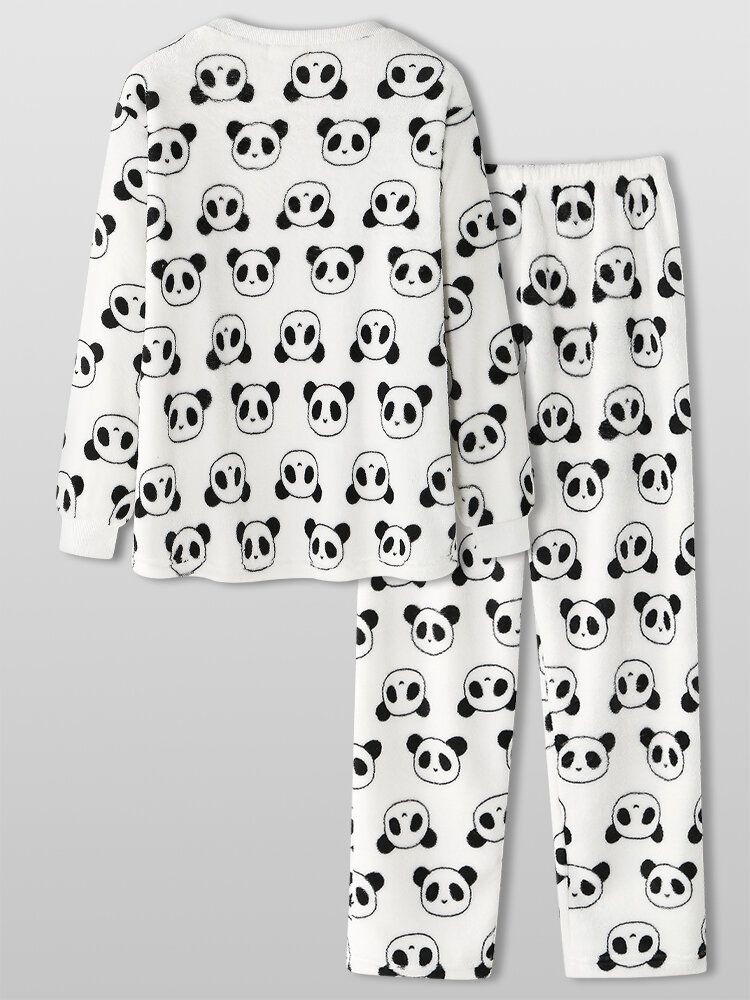 Kvinnor Överallt Tecknad Panda Långärmad Plysch Varm Hem Pyjamas Set