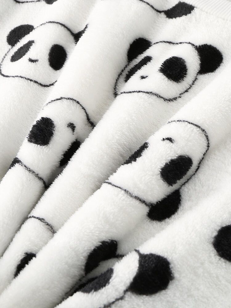 Kvinnor Överallt Tecknad Panda Långärmad Plysch Varm Hem Pyjamas Set