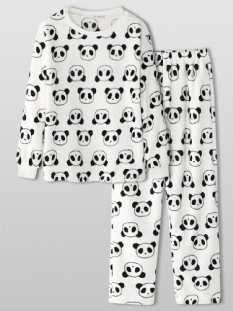 Kvinnor Överallt Tecknad Panda Långärmad Plysch Varm Hem Pyjamas Set