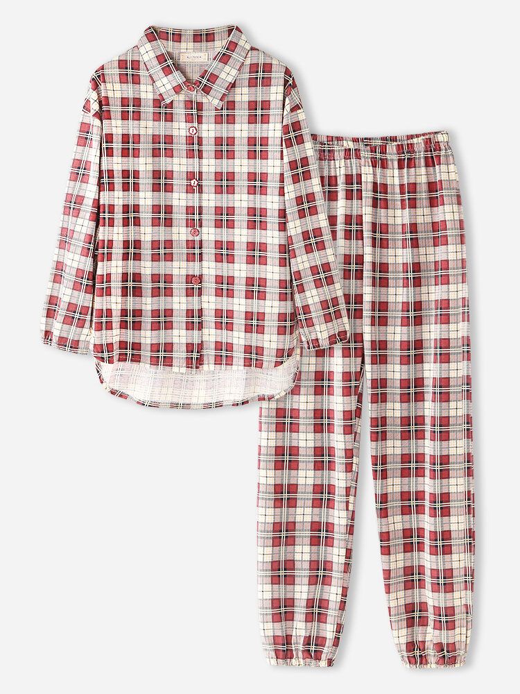 Kvinnor Ruttryck Lapel Hög-låg Fåll Skjorta Elastiska Midja Byxor Hem Pyjamas Set