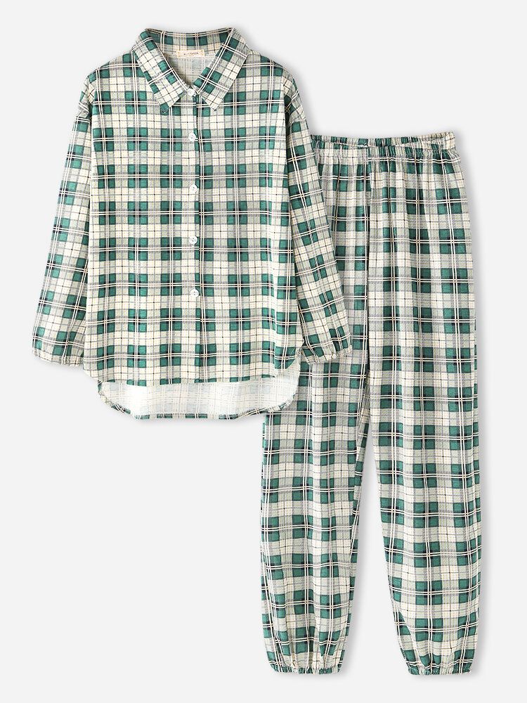 Kvinnor Ruttryck Lapel Hög-låg Fåll Skjorta Elastiska Midja Byxor Hem Pyjamas Set