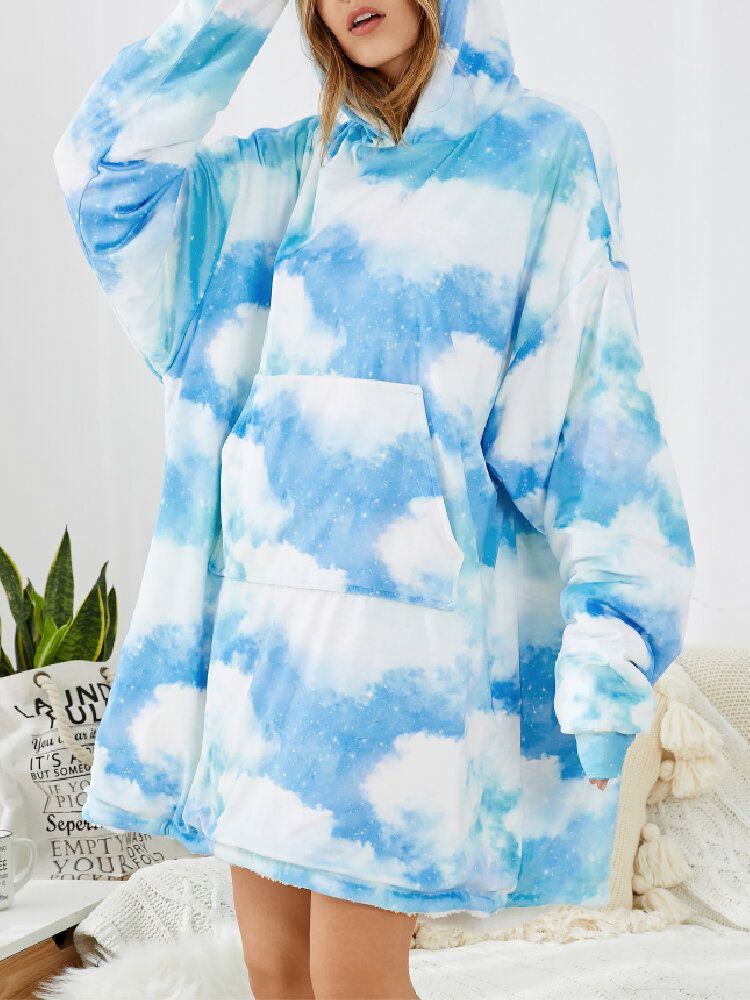 Kvinnor Sky Landscape Print Focka Ficka Vändbar Filt Luvtröja Warm Thicken Oversized Homewear