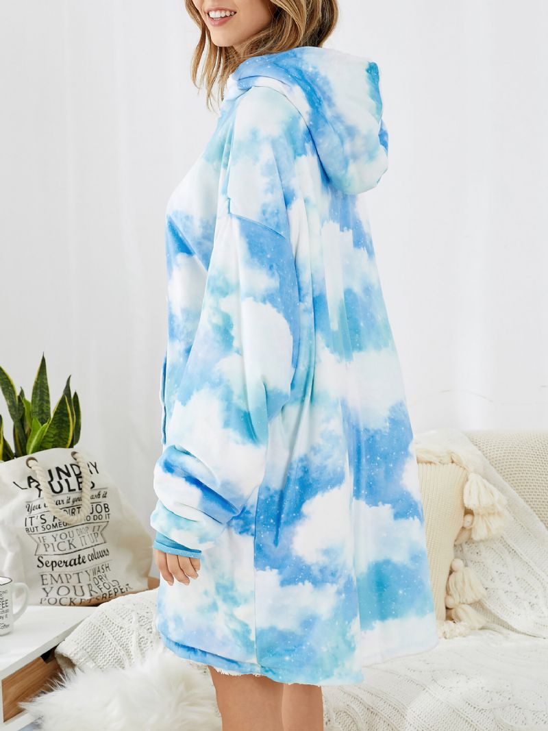 Kvinnor Sky Landscape Print Focka Ficka Vändbar Filt Luvtröja Warm Thicken Oversized Homewear