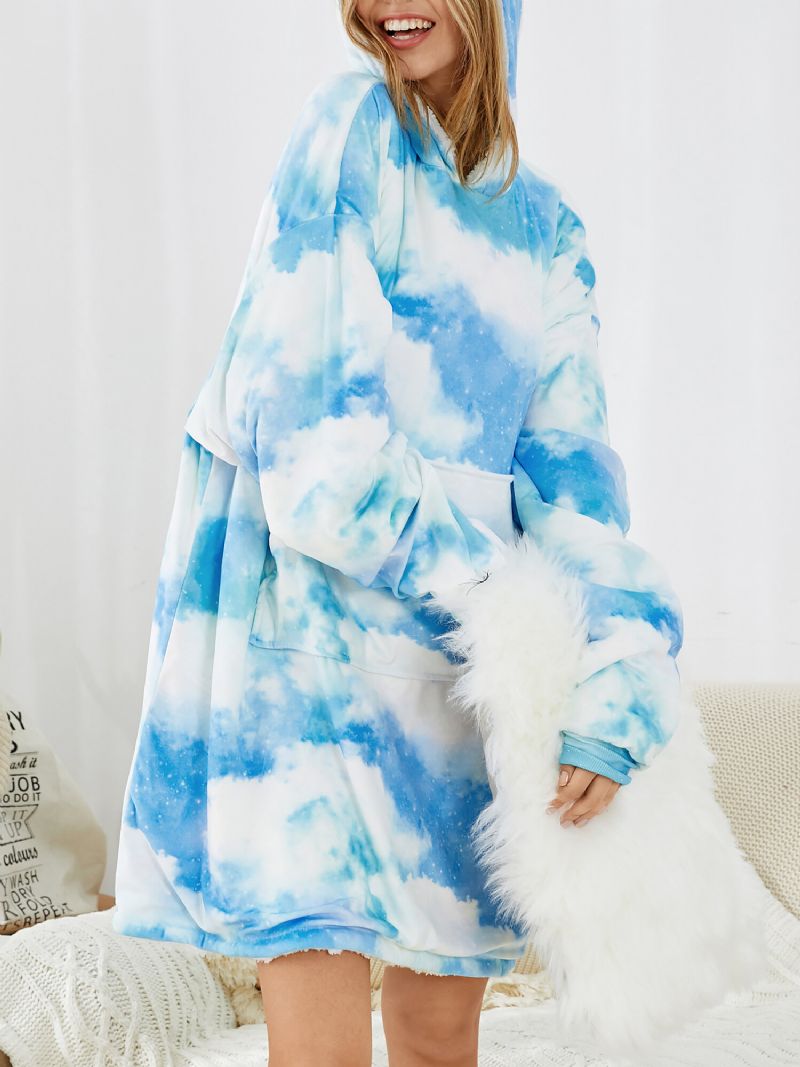 Kvinnor Sky Landscape Print Focka Ficka Vändbar Filt Luvtröja Warm Thicken Oversized Homewear