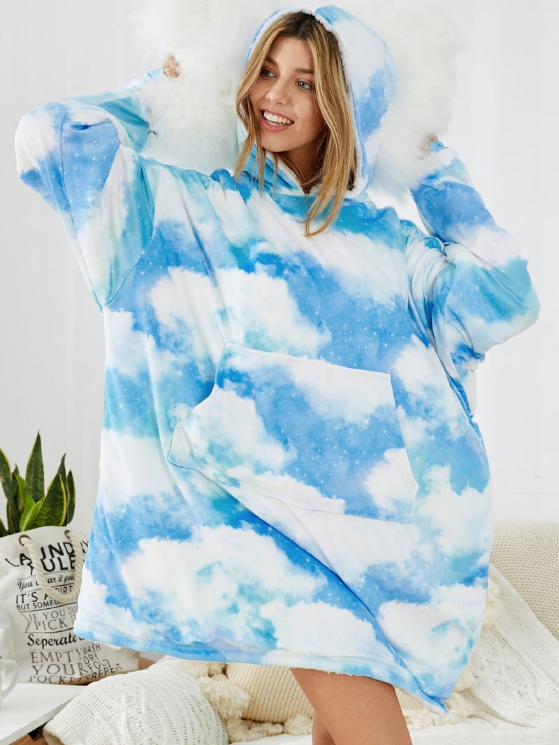 Kvinnor Sky Landscape Print Focka Ficka Vändbar Filt Luvtröja Warm Thicken Oversized Homewear