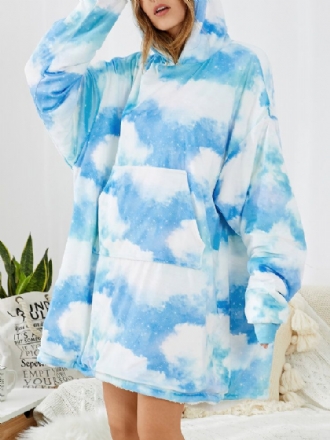 Kvinnor Sky Landscape Print Focka Ficka Vändbar Filt Luvtröja Warm Thicken Oversized Homewear