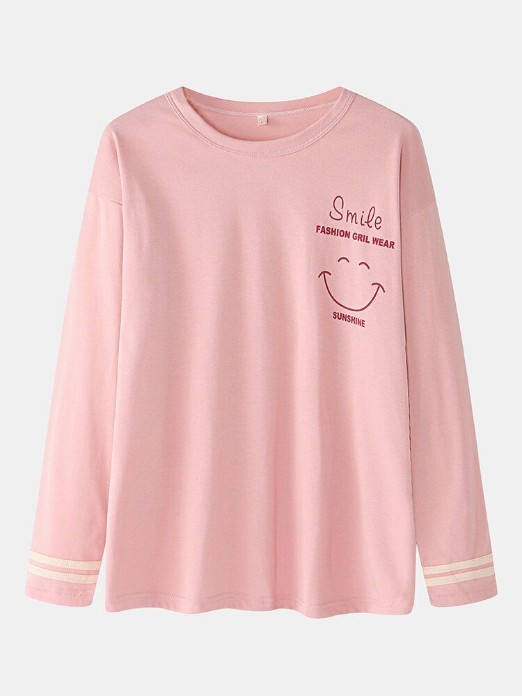 Kvinnor Smile Face Print Drop Shoulder Randed Cuff Bomullströja Pyjamasset