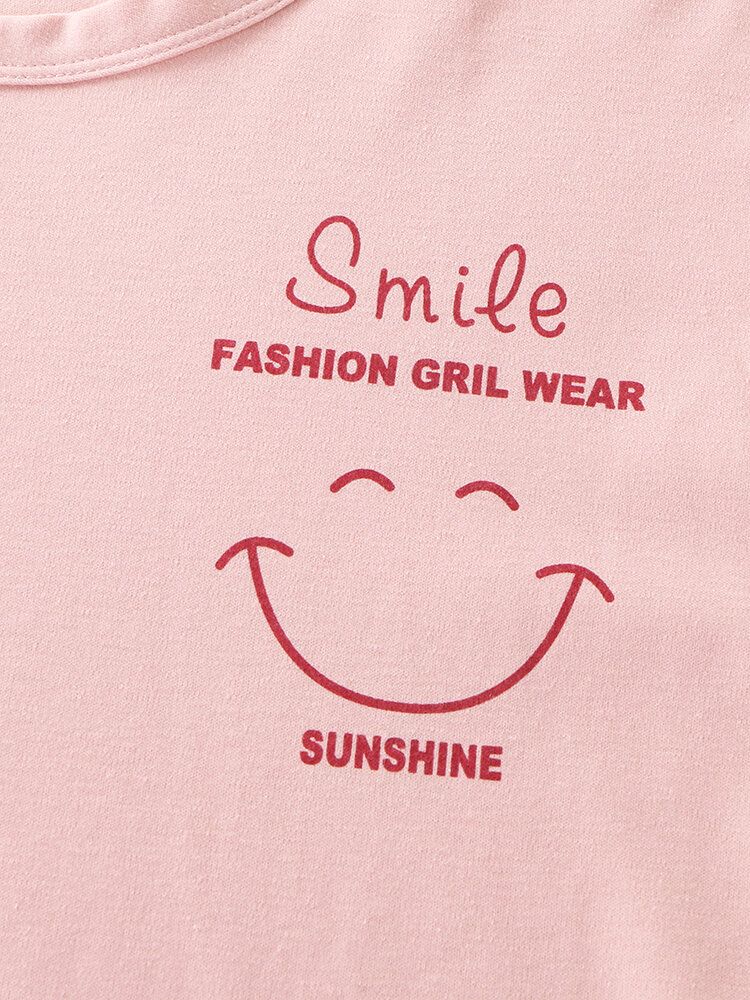 Kvinnor Smile Face Print Drop Shoulder Randed Cuff Bomullströja Pyjamasset