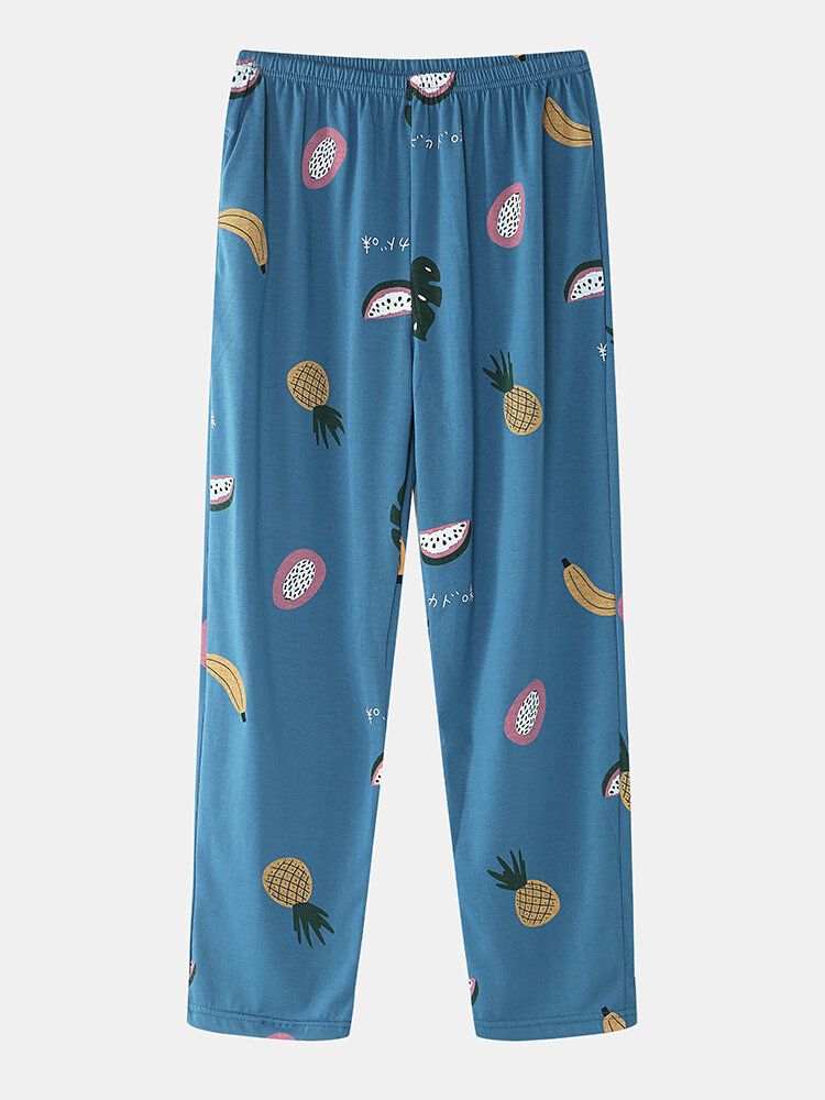 Kvinnor Tecknad Frukttryck O-ringad Lösa Byxor Bomull Comfy Plus Size Hem Pyjamasset