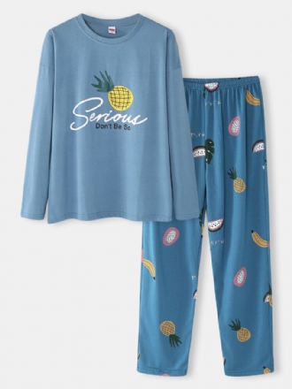 Kvinnor Tecknad Frukttryck O-ringad Lösa Byxor Bomull Comfy Plus Size Hem Pyjamasset