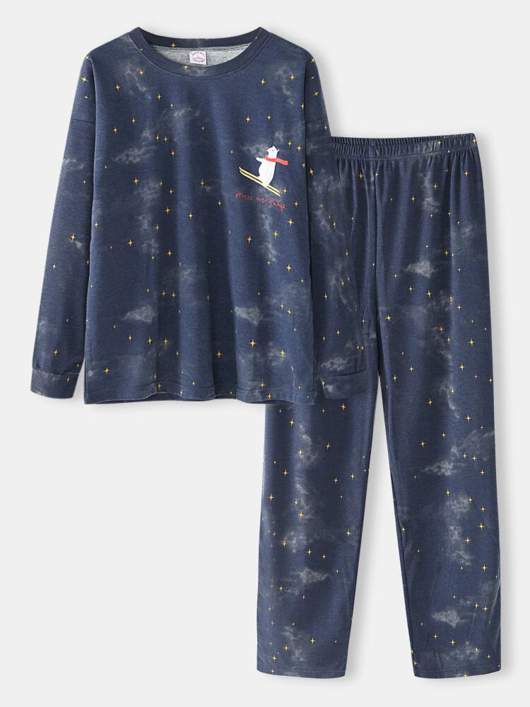 Kvinnor Tecknad Isbjörn Stjärnhimmel Print Pullover Elastisk Midja Pocket Byxor Hem Pyjamas Set