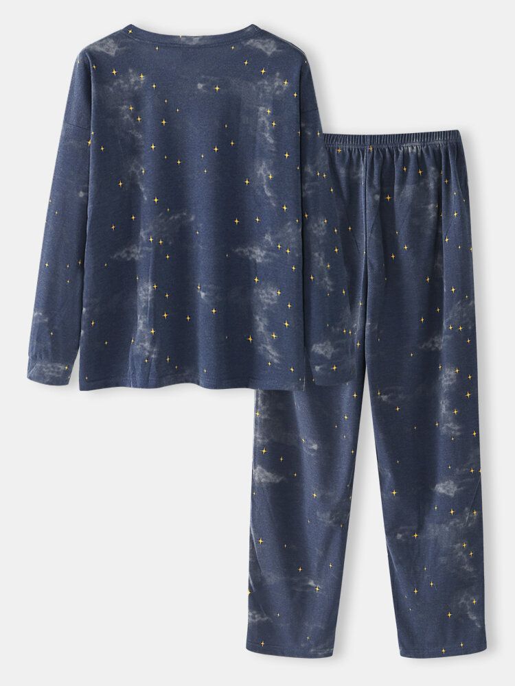 Kvinnor Tecknad Isbjörn Stjärnhimmel Print Pullover Elastisk Midja Pocket Byxor Hem Pyjamas Set