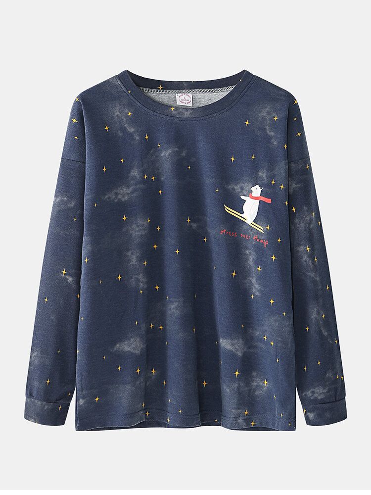 Kvinnor Tecknad Isbjörn Stjärnhimmel Print Pullover Elastisk Midja Pocket Byxor Hem Pyjamas Set