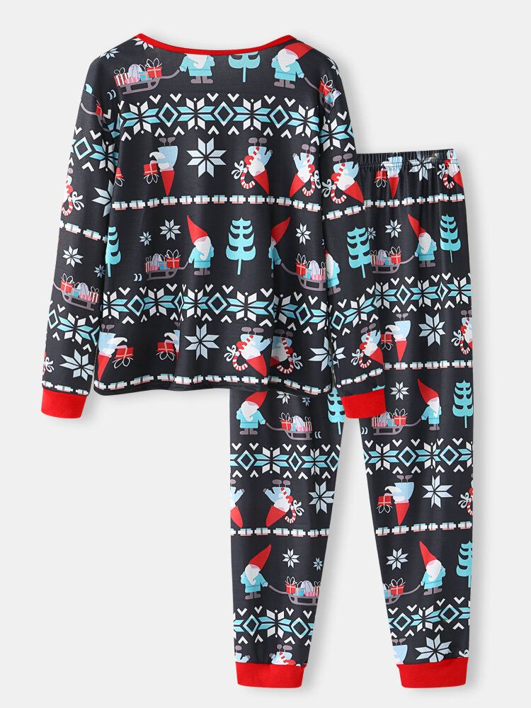 Kvinnor Tecknad Jultomte Tryck V-ringad Långärmad Pullover Lös Jogger Byxor Jul Hem Pyjamas Set