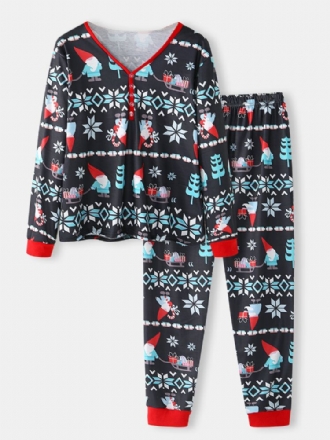 Kvinnor Tecknad Jultomte Tryck V-ringad Långärmad Pullover Lös Jogger Byxor Jul Hem Pyjamas Set