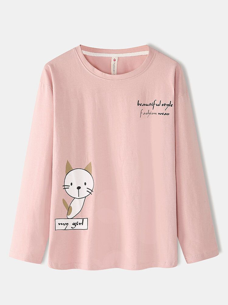 Kvinnor Tecknad Katttryck Långärmad Pullover Elastisk Midja Ficka Byxor Rosa Hem Pyjamas Set