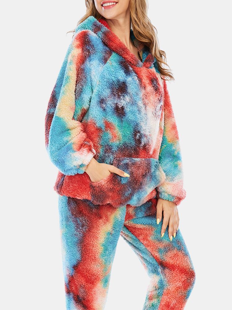 Kvinnor Tie Dye Fleece Kangaroo Pocket Hoodie Byxor Hem Sleepweat Casual Pyjamas Set