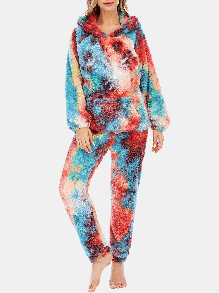 Kvinnor Tie Dye Fleece Kangaroo Pocket Hoodie Byxor Hem Sleepweat Casual Pyjamas Set