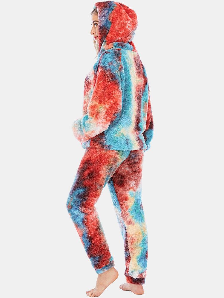 Kvinnor Tie Dye Fleece Kangaroo Pocket Hoodie Byxor Hem Sleepweat Casual Pyjamas Set