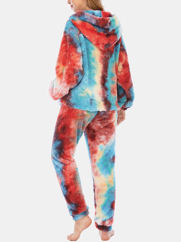 Kvinnor Tie Dye Fleece Kangaroo Pocket Hoodie Byxor Hem Sleepweat Casual Pyjamas Set