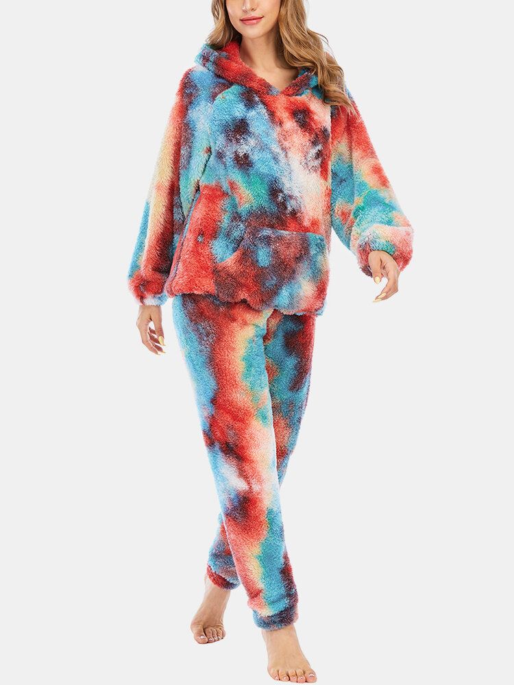 Kvinnor Tie Dye Fleece Kangaroo Pocket Hoodie Byxor Hem Sleepweat Casual Pyjamas Set